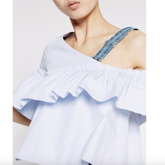 New ZARA Off The Shoulder Asymmetric Blue Striped Ruffled Poplin Top Blouse - Picture 11 of 16